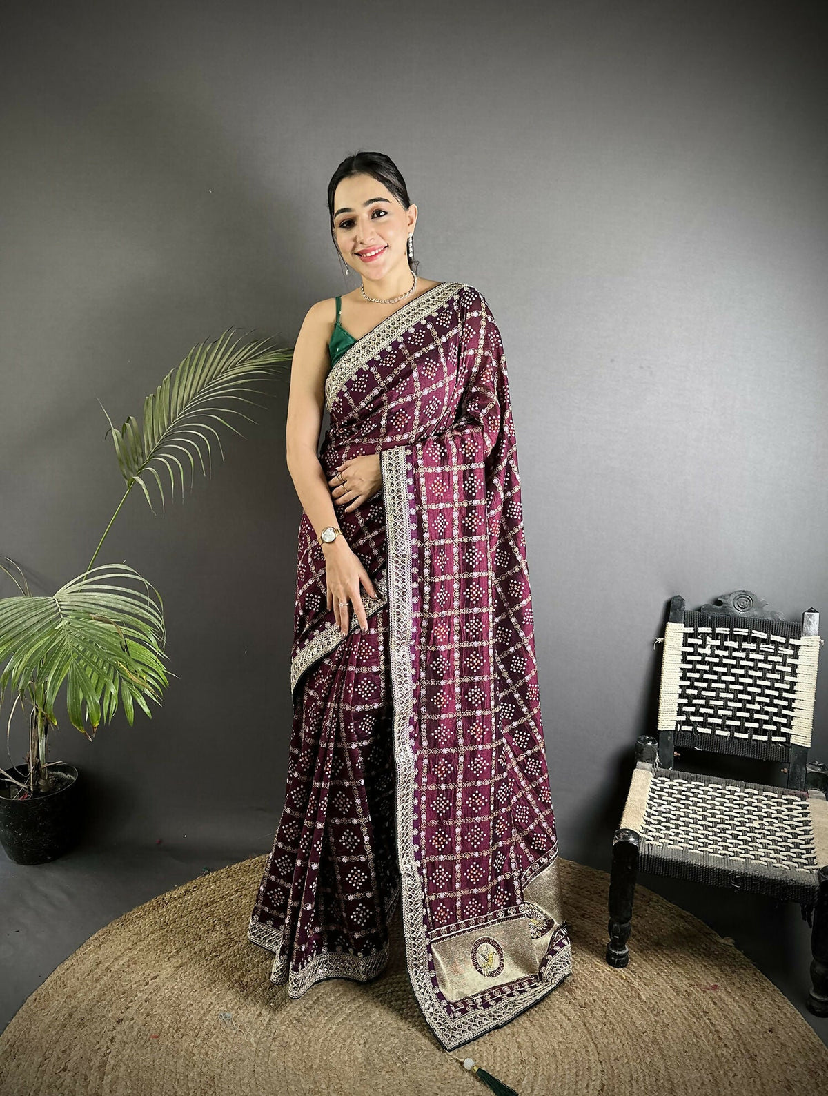 Joban Fashion Wine Bandhej Bandhani Vichitra Silk Bandhani Prints Saree