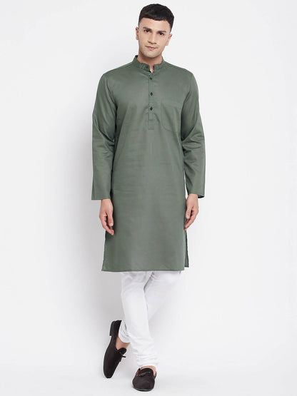 Even Apparels Green Color Linen Men's Kurta With Band Collar