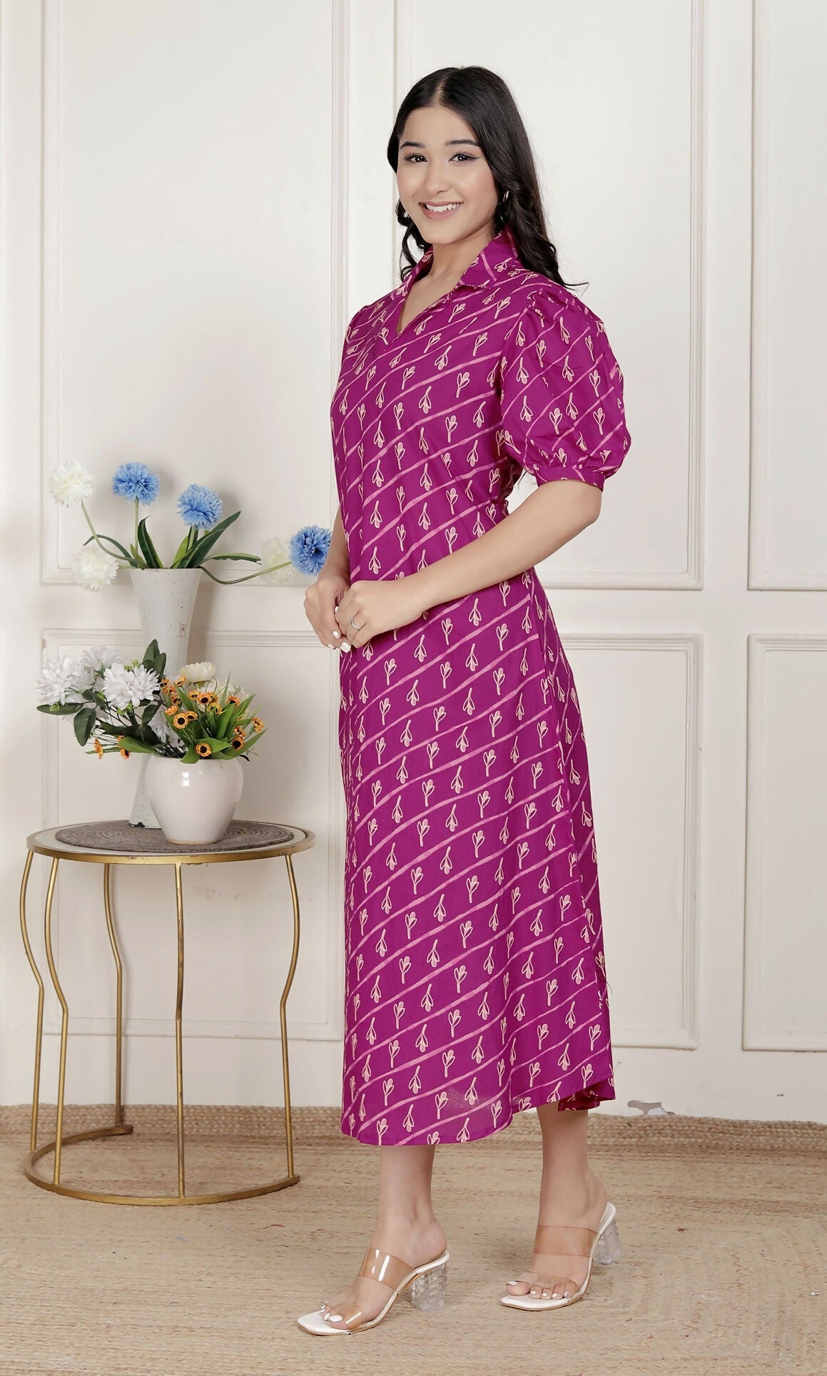 Miravan Womens Magenta Floral Printed Cotton Dress With One Side Pocket