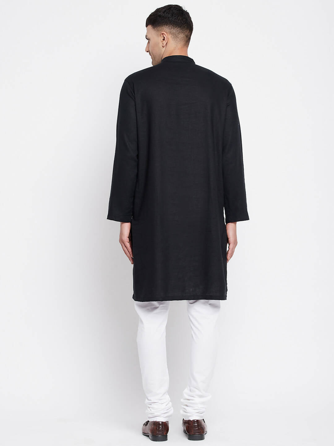 Even Apparels Black Linen Men's Sherwani Kurta With Decorative Placket