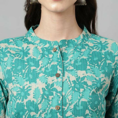FIORRA Women's Floral Printed Teal Green Pure Cotton Straight Kurta