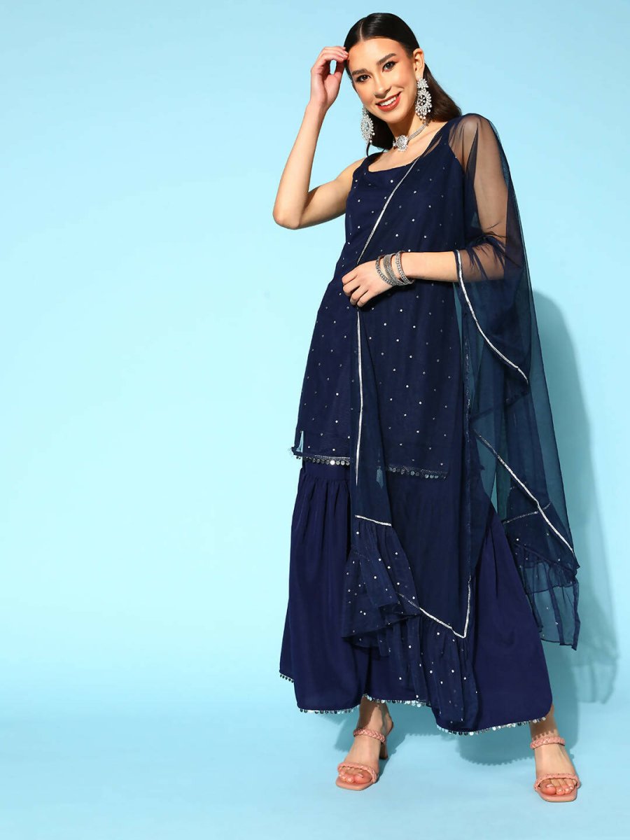 Ahalyaa Women Navy Blue Colour Crepe Foil Printed Kurta Sharara Set With Dupatta