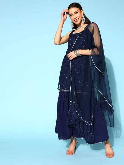 Ahalyaa Women Navy Blue Colour Crepe Foil Printed Kurta Sharara Set With Dupatta