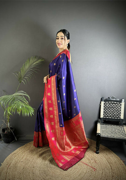 Joban Fashion Navy Blue Banarasi Soft Silk Woven Butti Saree