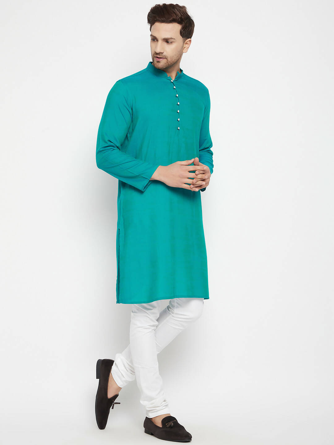 Even Apparels Green Viscose Long Men's Kurta With Band Collar