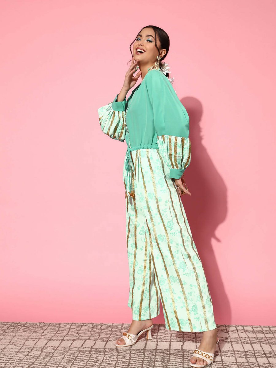 Ahalyaa Women Gorgeous Green Printed Once Upon a Sleeve Jumpsuit