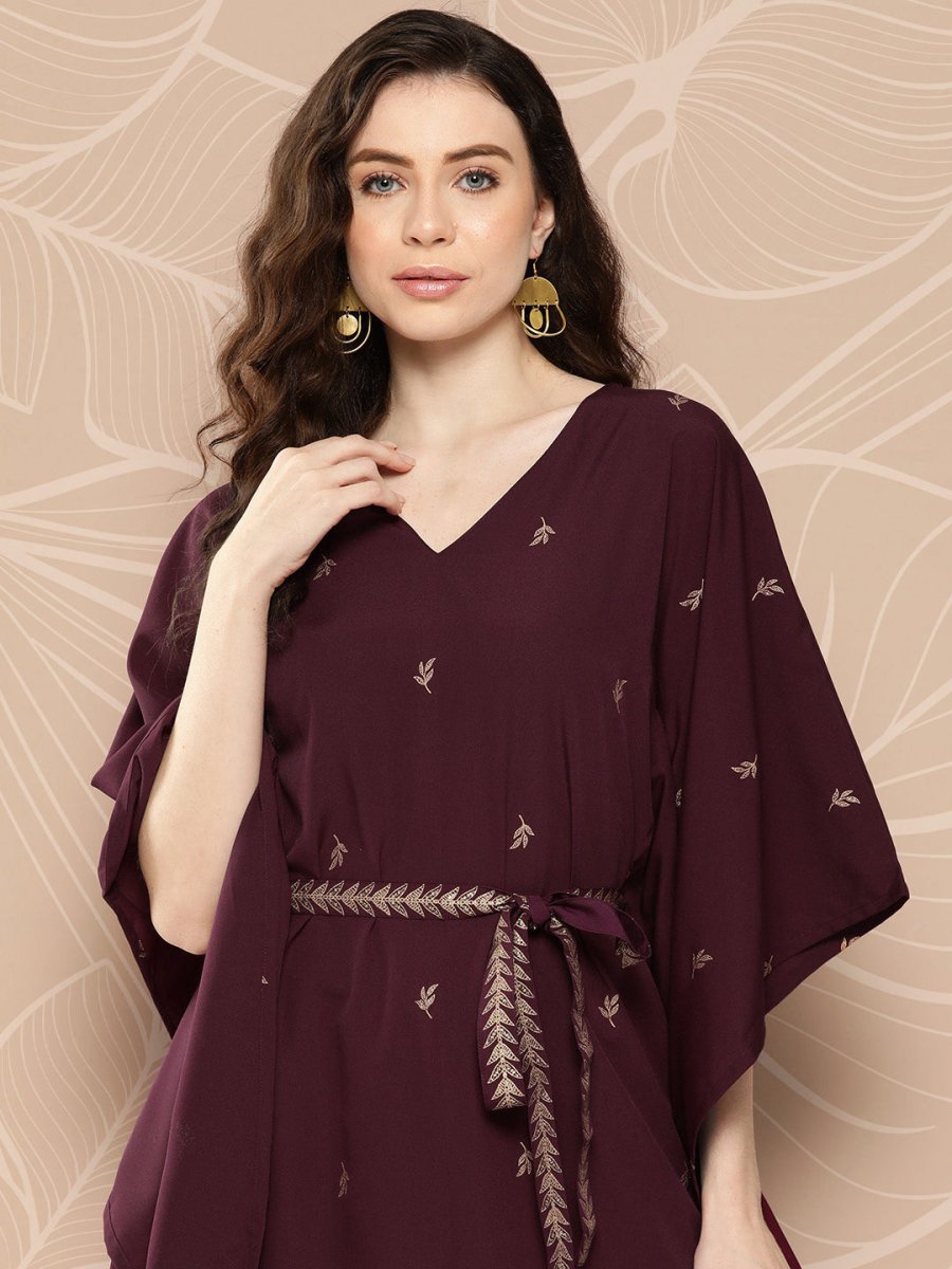 Ahalyaa Women Floral Printed Flared Sleeves Belted Detail Crepe Kaftan Kurta