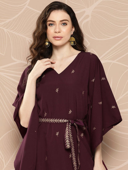 Ahalyaa Women Floral Printed Flared Sleeves Belted Detail Crepe Kaftan Kurta