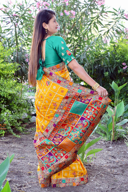 Lorenvalley Fashion Premium Yellow Dola Silk Embroidery and Diamond work with Jacquard Lace Border Saree