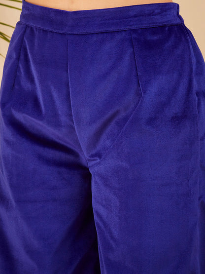 InWeave Women's Royal Blue Mughal Shaan Style Velvet Short Kurta Set