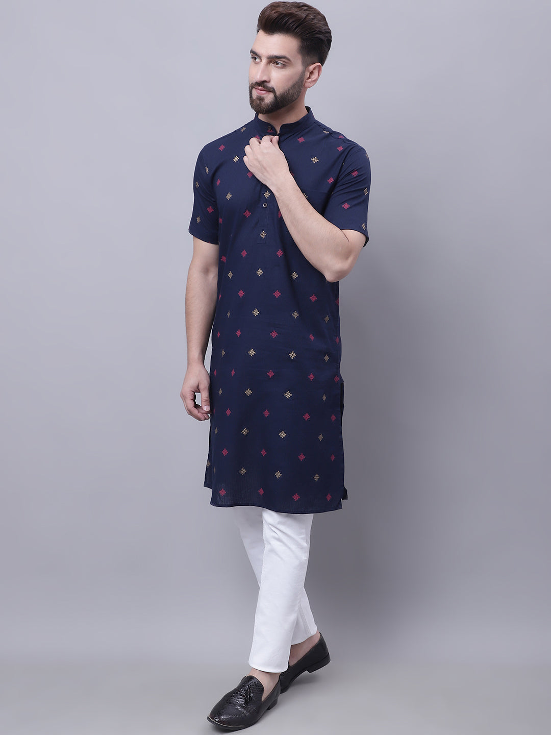 Even Apparels Blue Pure Cotton Short Sleeves Kurta With Band Collar