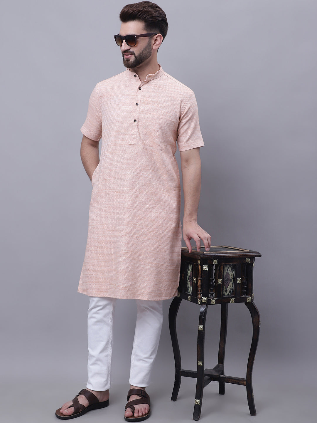 Even Apparels Peach Pure Cotton Short Sleeves Kurta With Band Collar