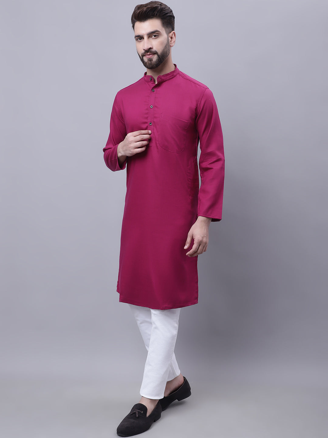 Even Apparels Wine Pure Cotton Kurta With Band Collar