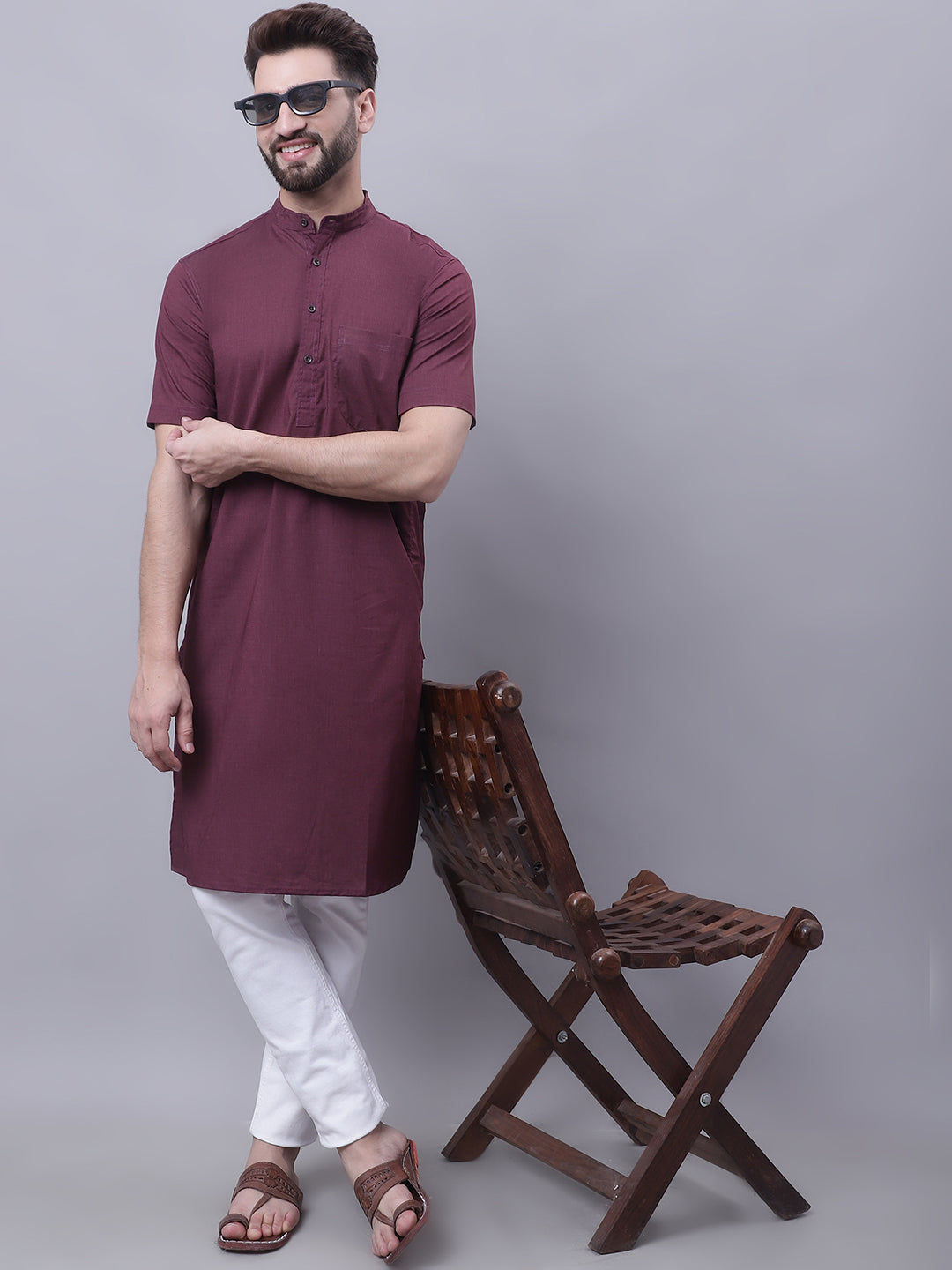 Even Apparels Wine Pure Cotton Short Sleeves Kurta With Band Collar
