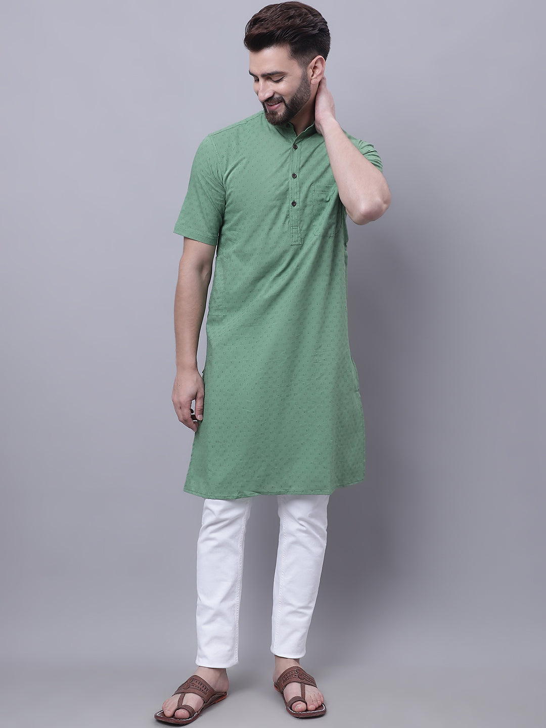 Even Apparels Green Pure Cotton Short Sleeves Kurta With Band Collar