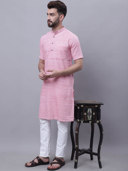 Even Apparels Pink Pure Cotton Short Sleeves Kurta With Band Collar