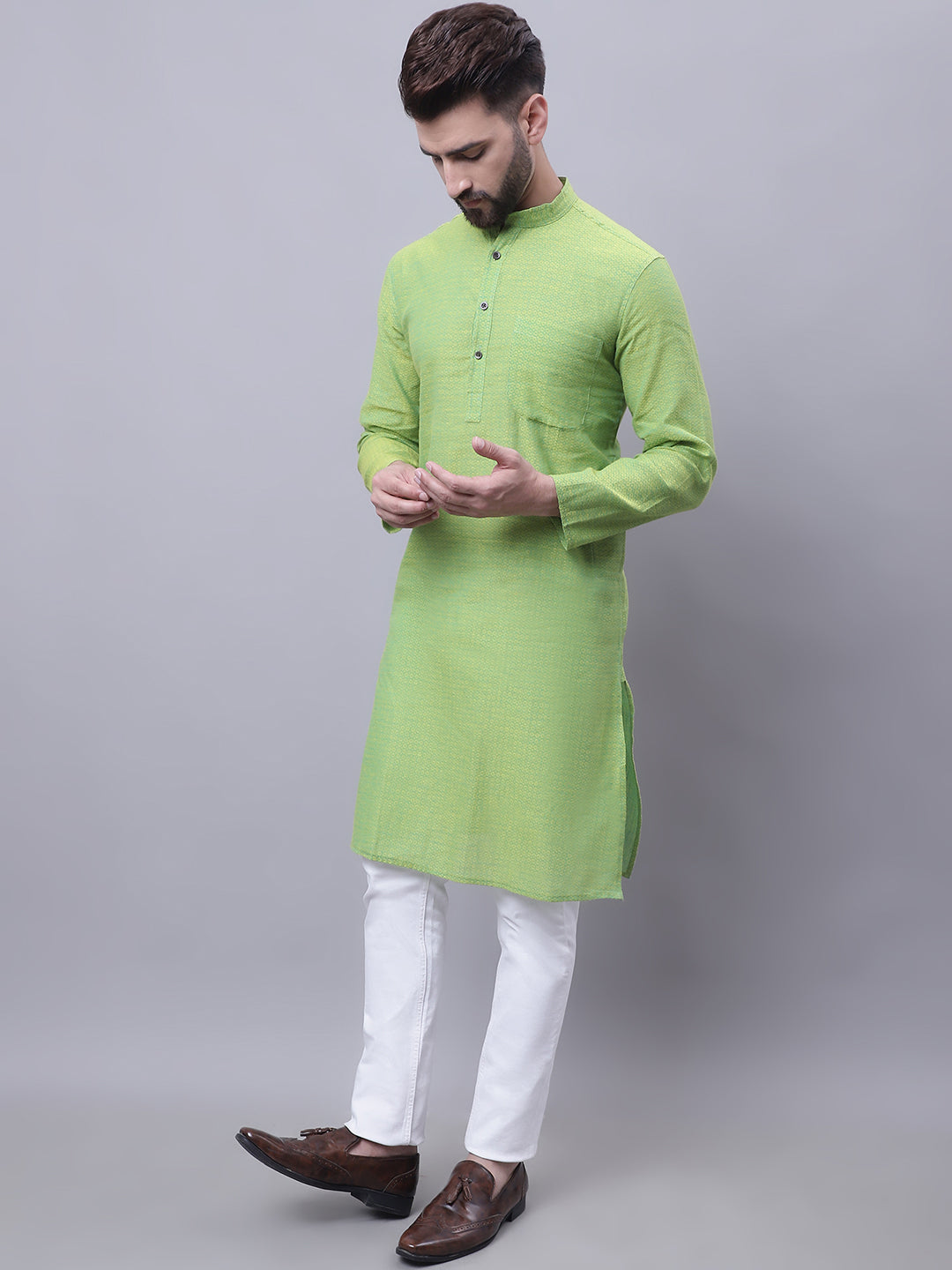 Even Apparels Green Pure Cotton Kurta With Band Collar