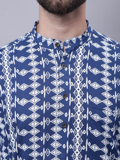 Even Apparels Blue Pure Cotton Kurta With Band Collar