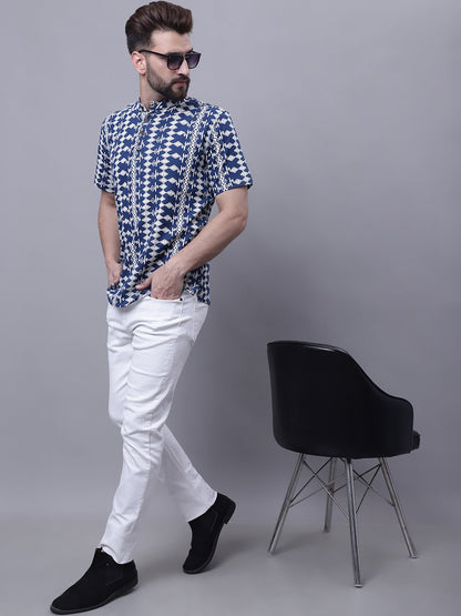 Even Apparels Blue Pure Cotton Short Kurta With Band Collar