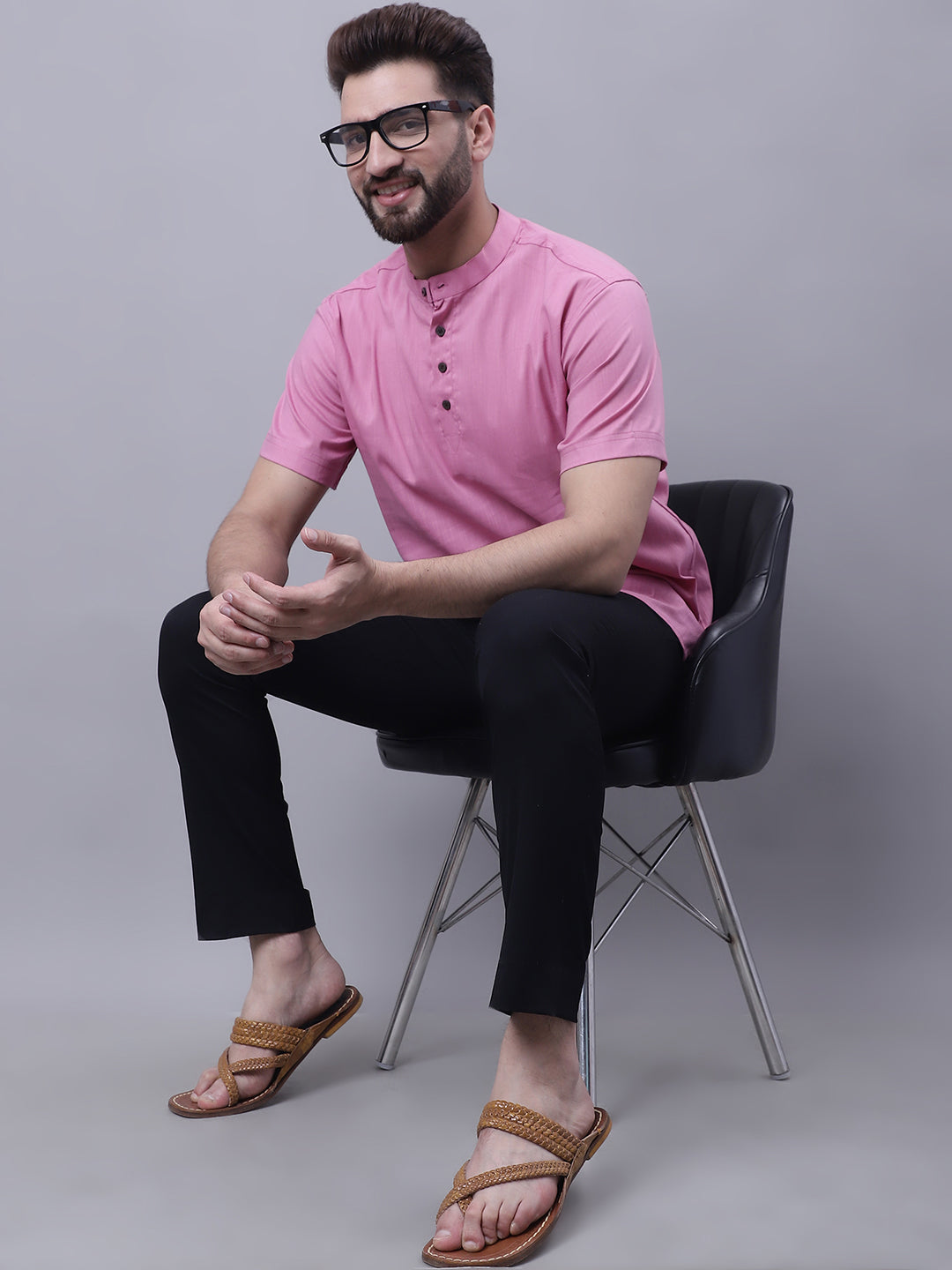Even Apparels Pink Pure Cotton Short Kurta With Band Collar