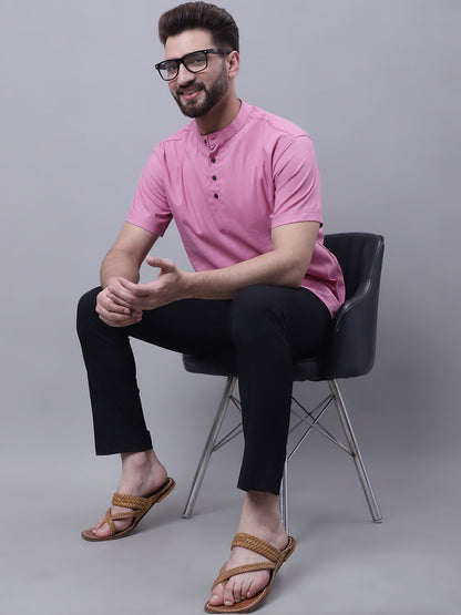 Even Apparels Pink Pure Cotton Short Kurta With Band Collar