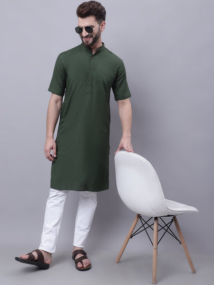 Even Apparels Green Pure Cotton Short Sleeves Kurta With Band Collar