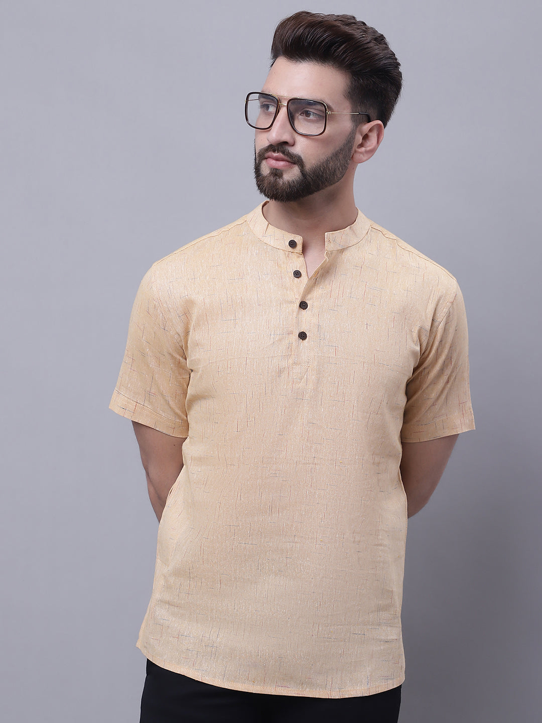 Even Apparels Beige Pure Cotton Short Kurta With Band Collar