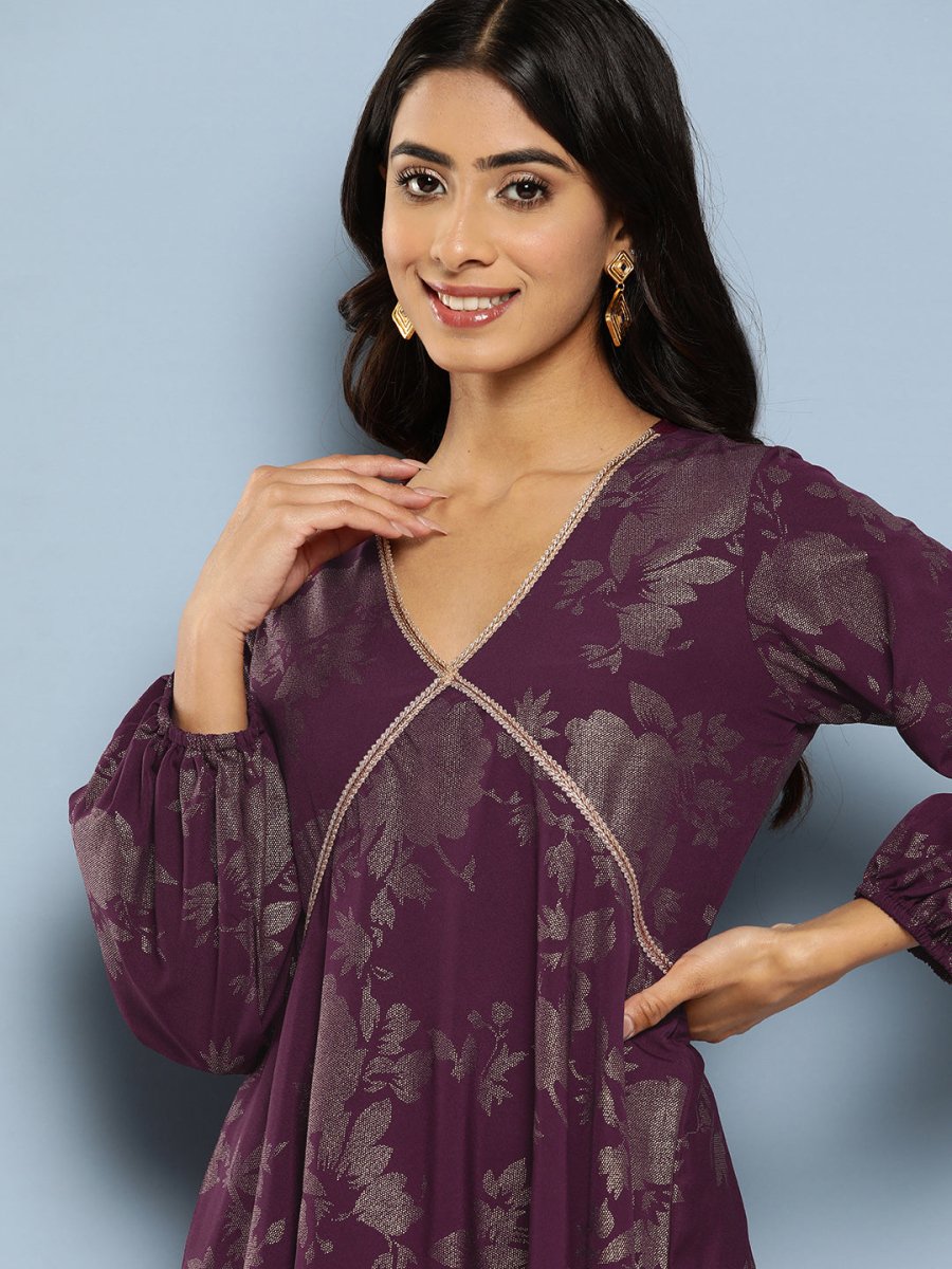 Ahalyaa Floral Print Puff Sleeves Empire Crepe Ethnic Dress