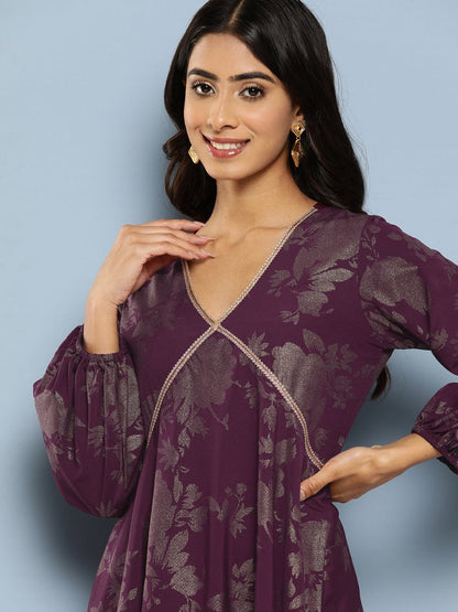 Ahalyaa Floral Print Puff Sleeves Empire Crepe Ethnic Dress