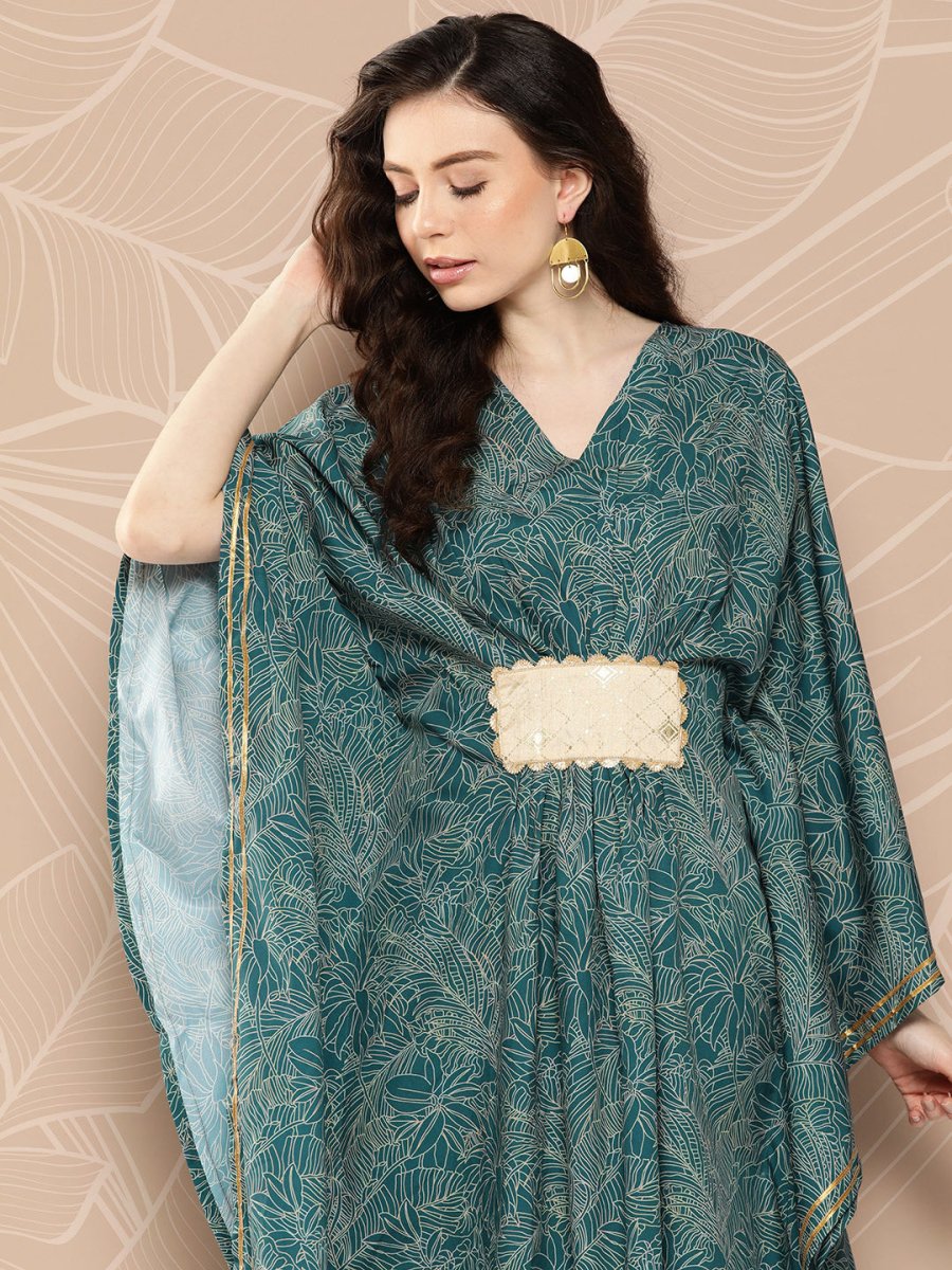 Ahalyaa Women Floral Printed Flared Sleeves Patchwork Belted Detail Crepe Kaftan Kurta