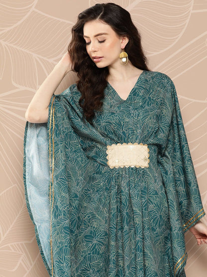Ahalyaa Women Floral Printed Flared Sleeves Patchwork Belted Detail Crepe Kaftan Kurta