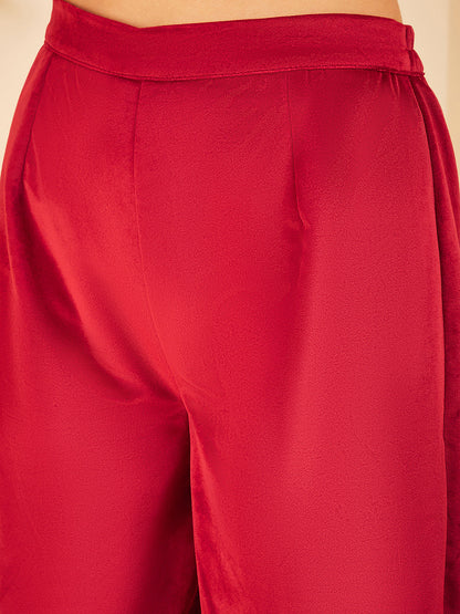 InWeave Women's Barn Red V Neck Asymmetrical Pleated Velvet Kurta Set