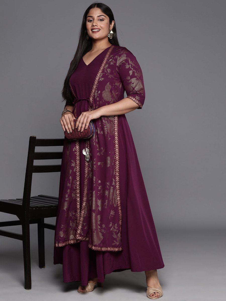 Ahalyaa Plus Size Floral Print Crepe Layered A-line Maxi Ethnic Dress