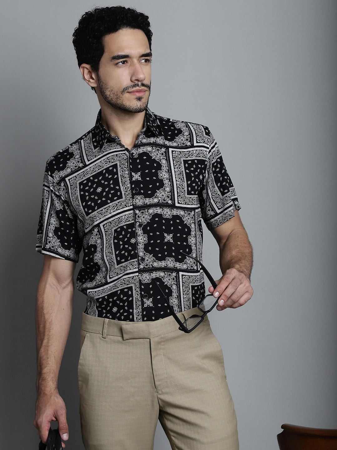 Jainish Men's Paisley Printed Formal Shirts - Black