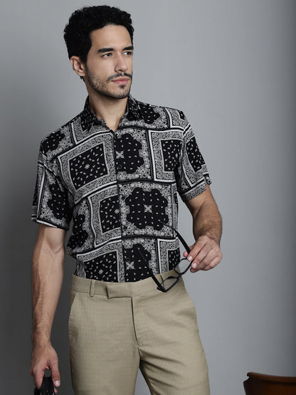 Jainish Men's Paisley Printed Formal Shirts - Black
