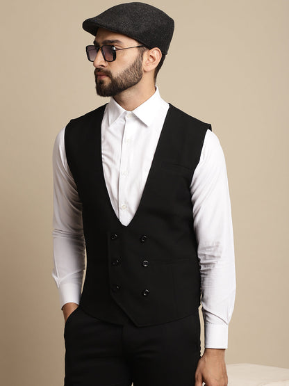 Even Apparels Men's Black Double Breast Waistcoat