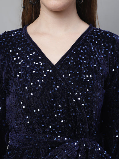 Jainish Women's WoSequin Velvet A-line dress - Navy Blue