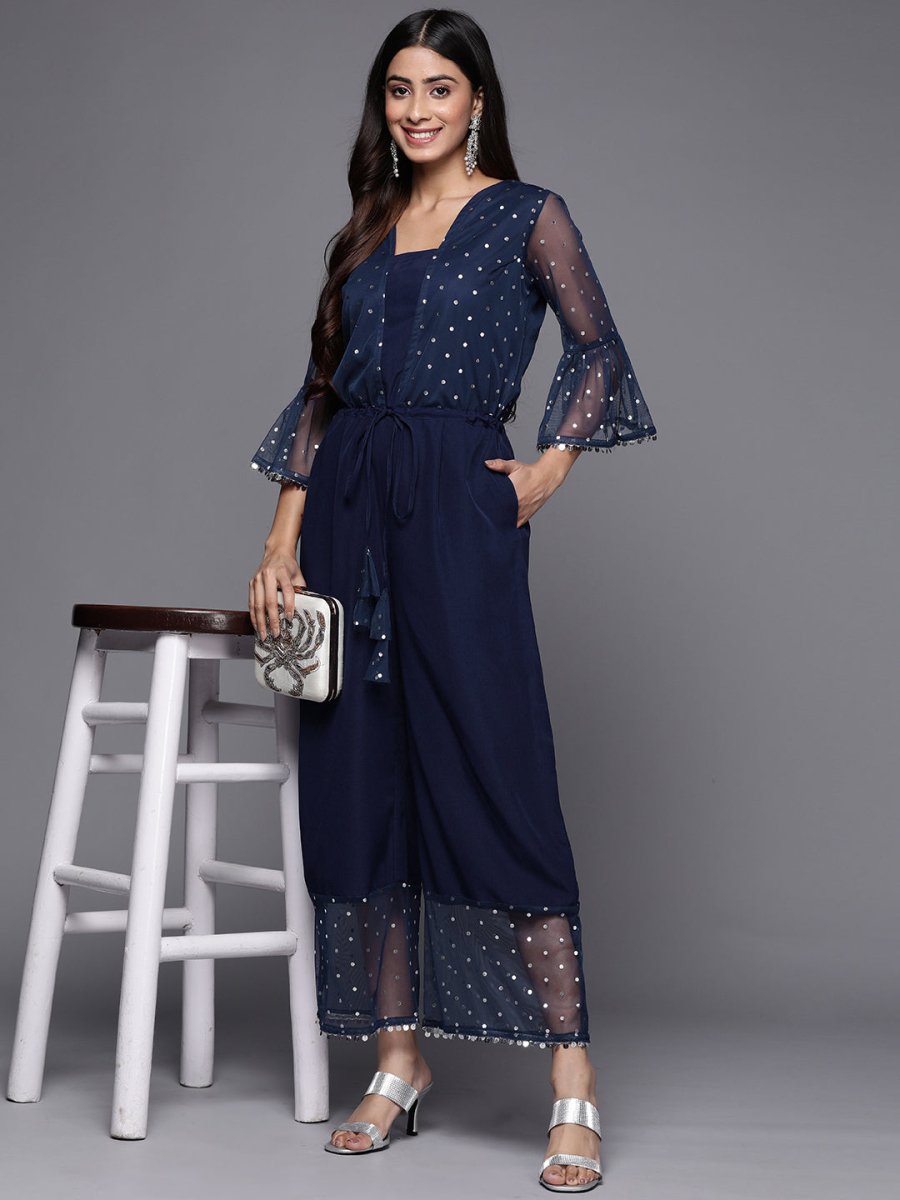 Ahalyaa Printed Bell Sleeves Crepe Basic Jumpsuit With Waist Tie-Ups