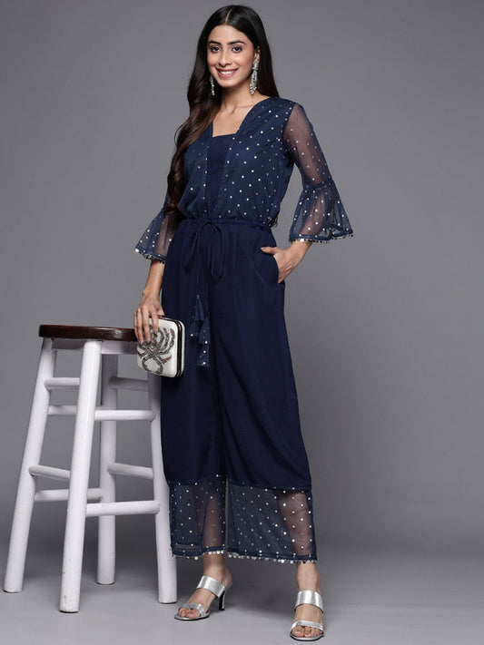 Ahalyaa Printed Bell Sleeves Crepe Basic Jumpsuit With Waist Tie-Ups