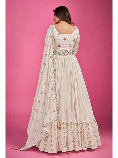 Myra White Chinon Silk Embroidered Gown