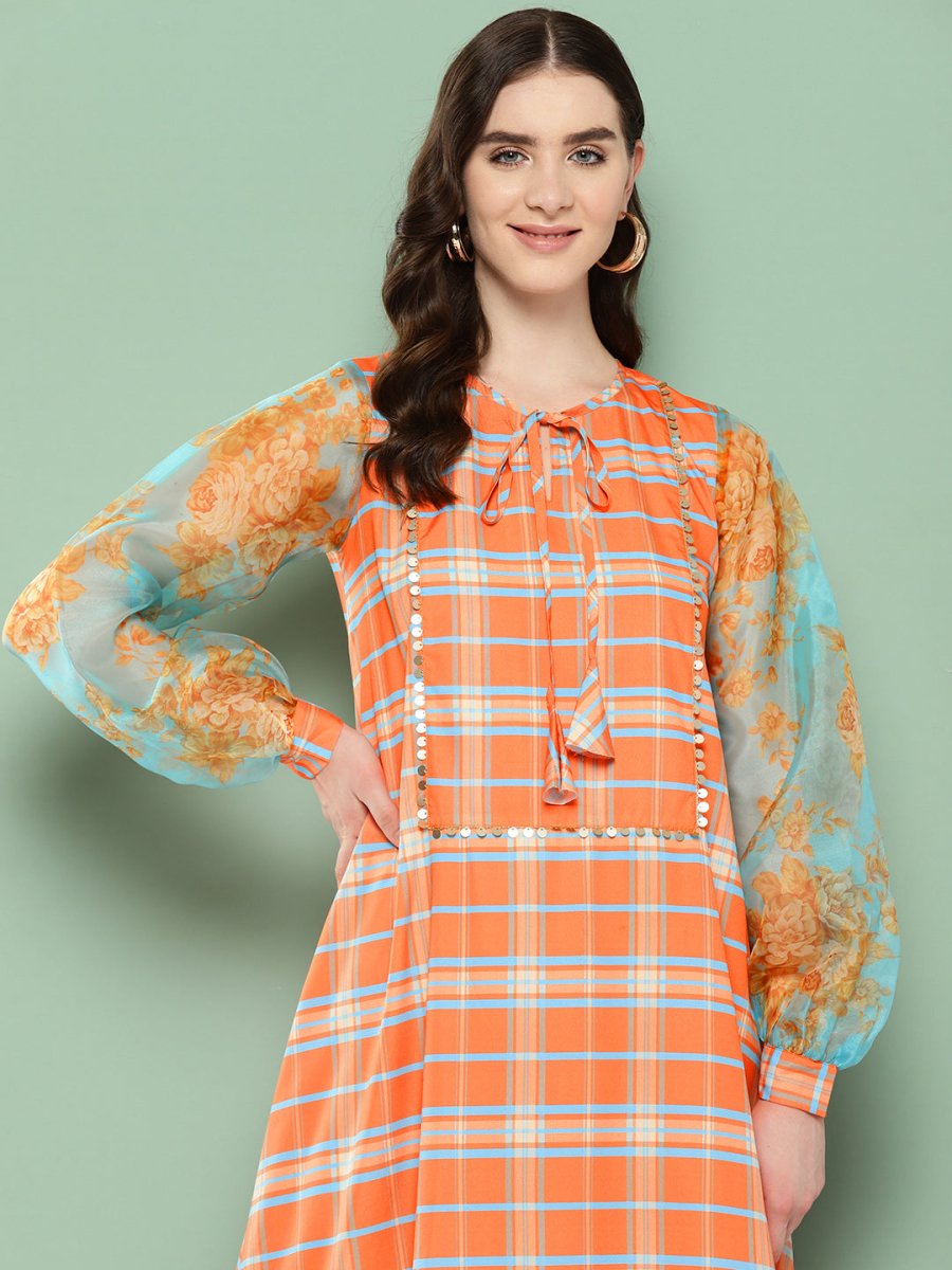 Ahalyaa Checked Tie-Up Neck Sequined Ethnic A-Line Midi Dress