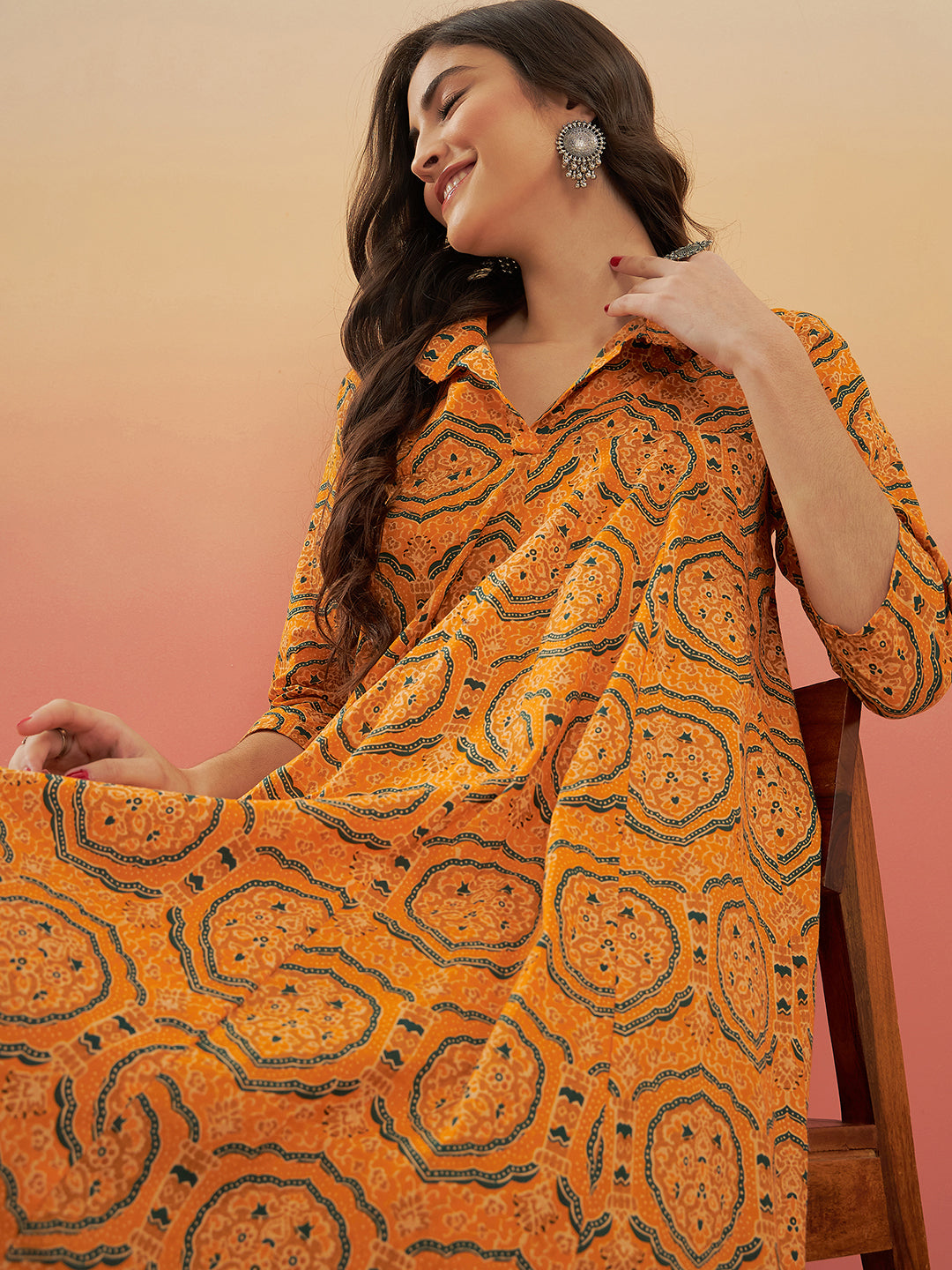 InWeave Women's Haldi Yellow Mughal Kalamkari Flared Dress