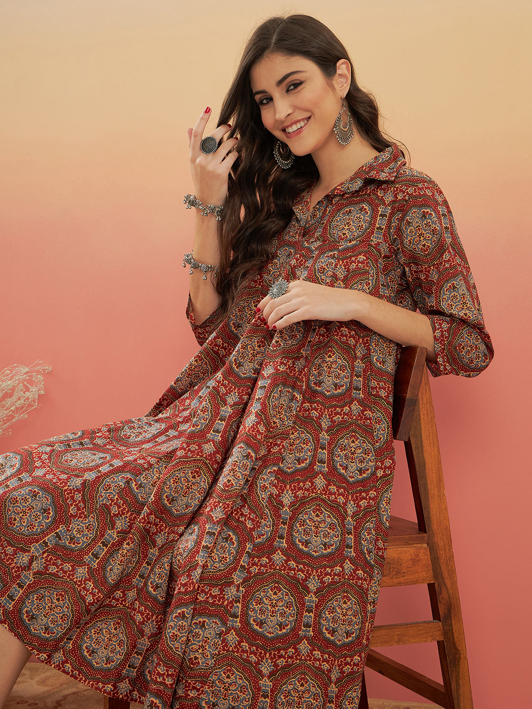 InWeave Women's Maroon Mughal Kalamkari Flared Dress