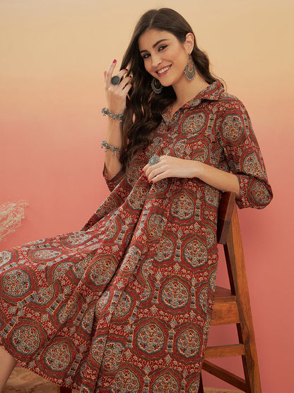 InWeave Women's Maroon Mughal Kalamkari Flared Dress