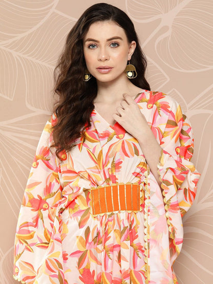 Ahalyaa Women Floral Printed Flared Sleeves Gotta Patti Crepe Kaftan Kurta