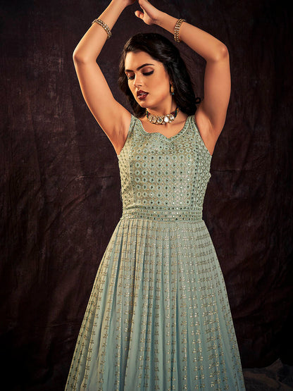 Myra Light Blue Real Georgette Designer Gown Style Suit