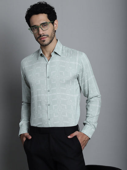 Jainish Men's Geomatric Printed Formal Shirts - Pista