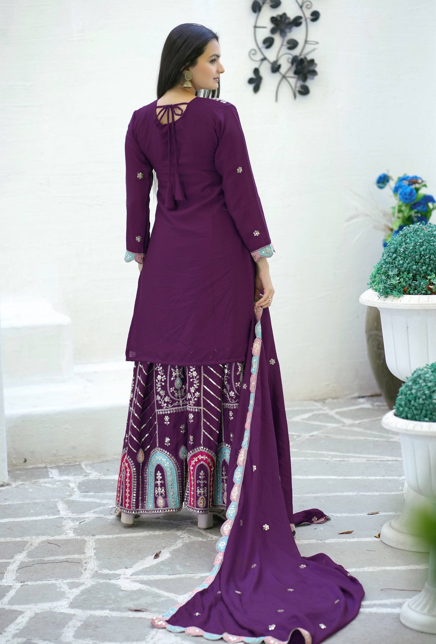 Yash Enterprise Embroidered Chinon With Sequin Maroon Readymade Salwar Suit
