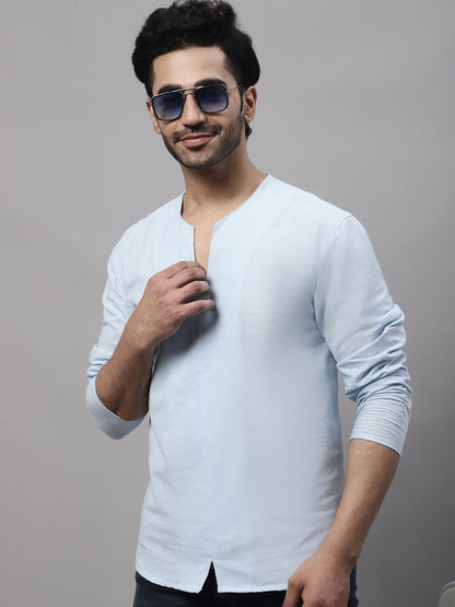 Even Apparels Blue Pure Cotton Open Neck Kurta