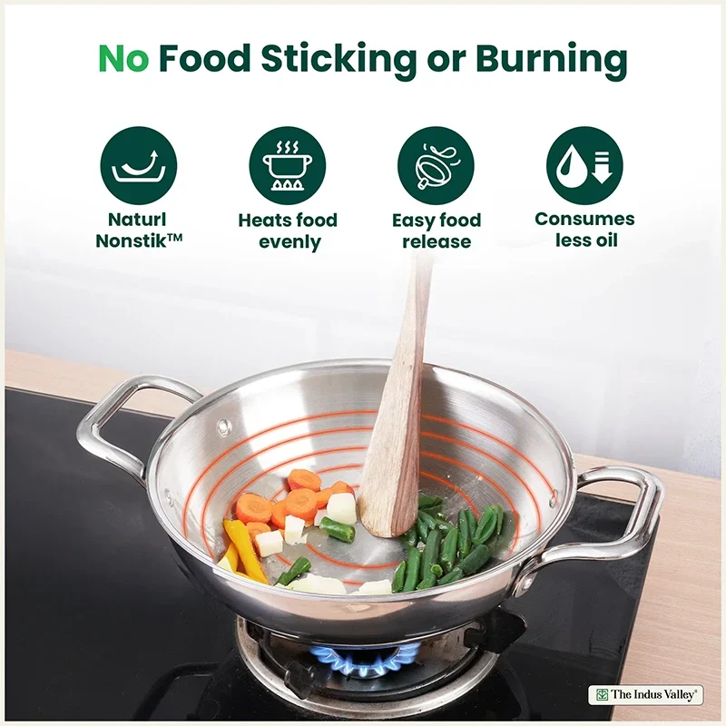 The Indus Valley TurboCuk Tri-ply Stainless Steel Kadai+ Glass Lid, Premium Quality, 3 Layer Thick Body, 100% Toxin-free, Non-stick, Induction & Gas, 1.7/2.7/3.5L